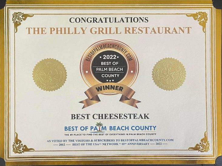The Philly Grill Restaurant Best of Palm Beach County Award Winner